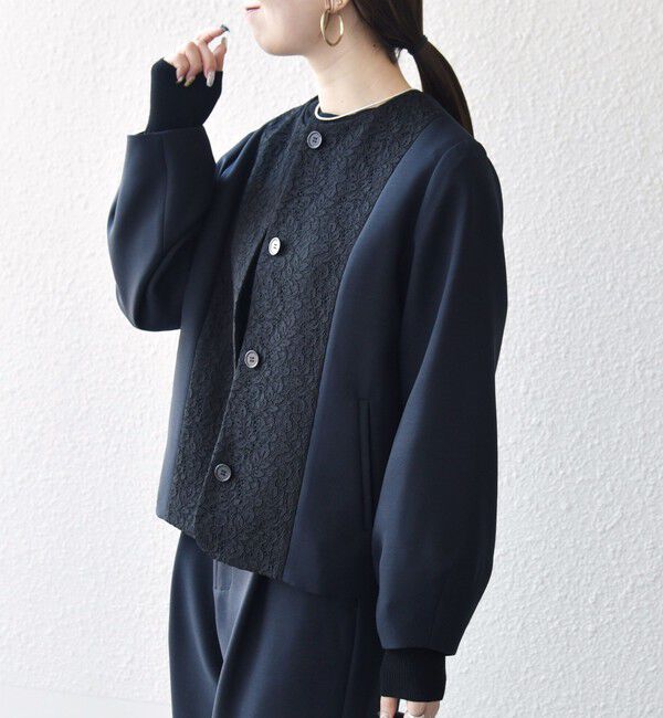 SHIPS any「SHIPS any:〈手洗い可能〉ダブルクロス レース 切替 ノーカラー ジャケット［NAVY BLUE］」|ノーカラージャケット|