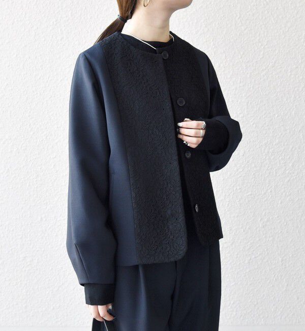 SHIPS any「SHIPS any:〈手洗い可能〉ダブルクロス レース 切替 ノーカラー ジャケット［NAVY BLUE］」|ノーカラージャケット|