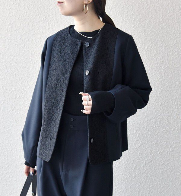SHIPS any「SHIPS any:〈手洗い可能〉ダブルクロス レース 切替 ノーカラー ジャケット［NAVY BLUE］」|ノーカラージャケット|