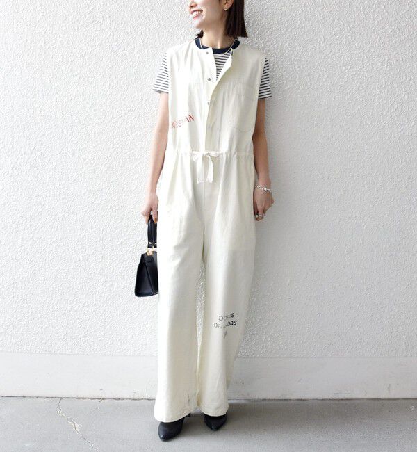 SHIPS any「【SHIPS any別注】PAYDAY:〈洗濯機可能〉ステンシル ロゴ プリント オーバーオール」|オールインワン|ホワイト