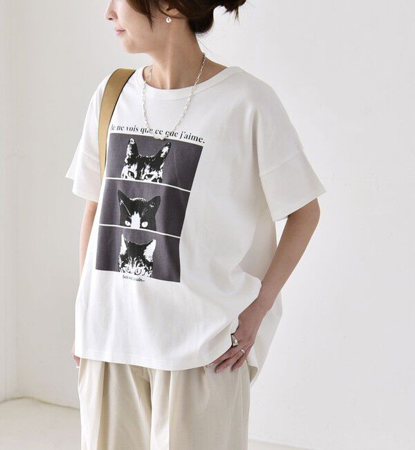 quaranciel「《予約》quaranciel:〈接触冷感/汗染み防止加工/洗濯機可能〉CAT プリント TEE」|Tシャツ・カットソー|