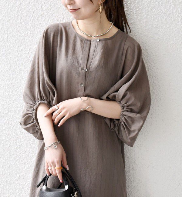 SHIPS any「《予約》SHIPS any:〈洗濯機可能〉リネン ミックス ボリューム スリーブ ワンピース」|ワンピース|ブラウン