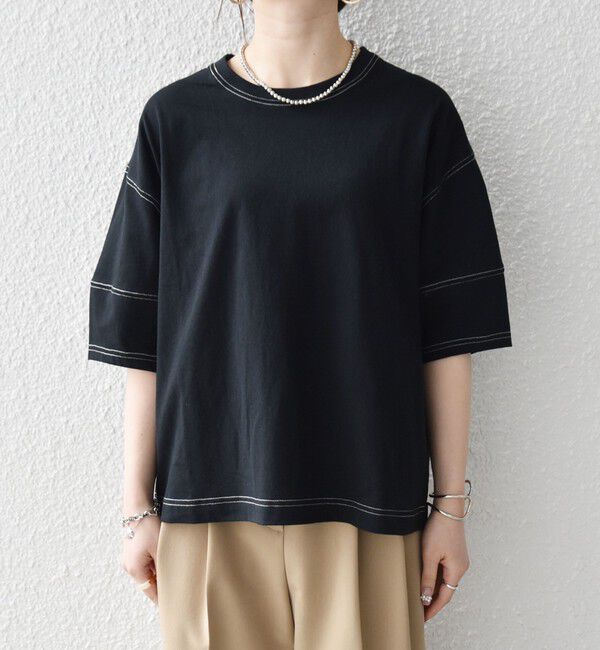 SHIPS any「《予約》SHIPS any:〈抗菌防臭/洗濯機可能〉USAコットン 配色 ステッチ ワイド TEE」|Tシャツ・カットソー|