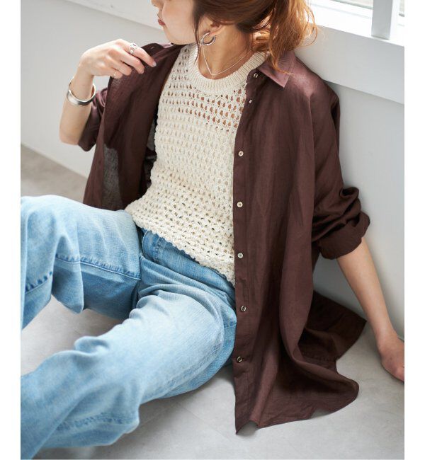 Spick and Span「《ゆったりサイズ》追加2 80リネンカシュクール ビッグシャツ」|シャツ・ブラウス|ブラウン