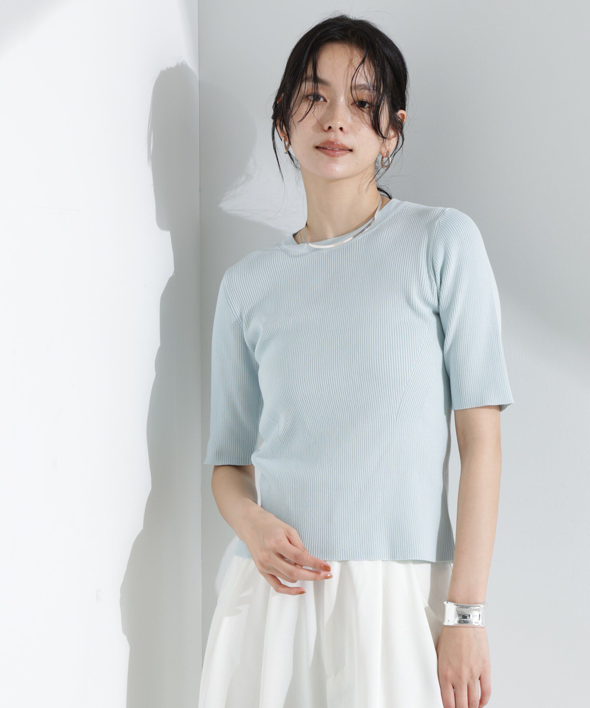 nano･universe「ウォッシャブルハイツイスト五分袖リブニット」|ニット・セーター|