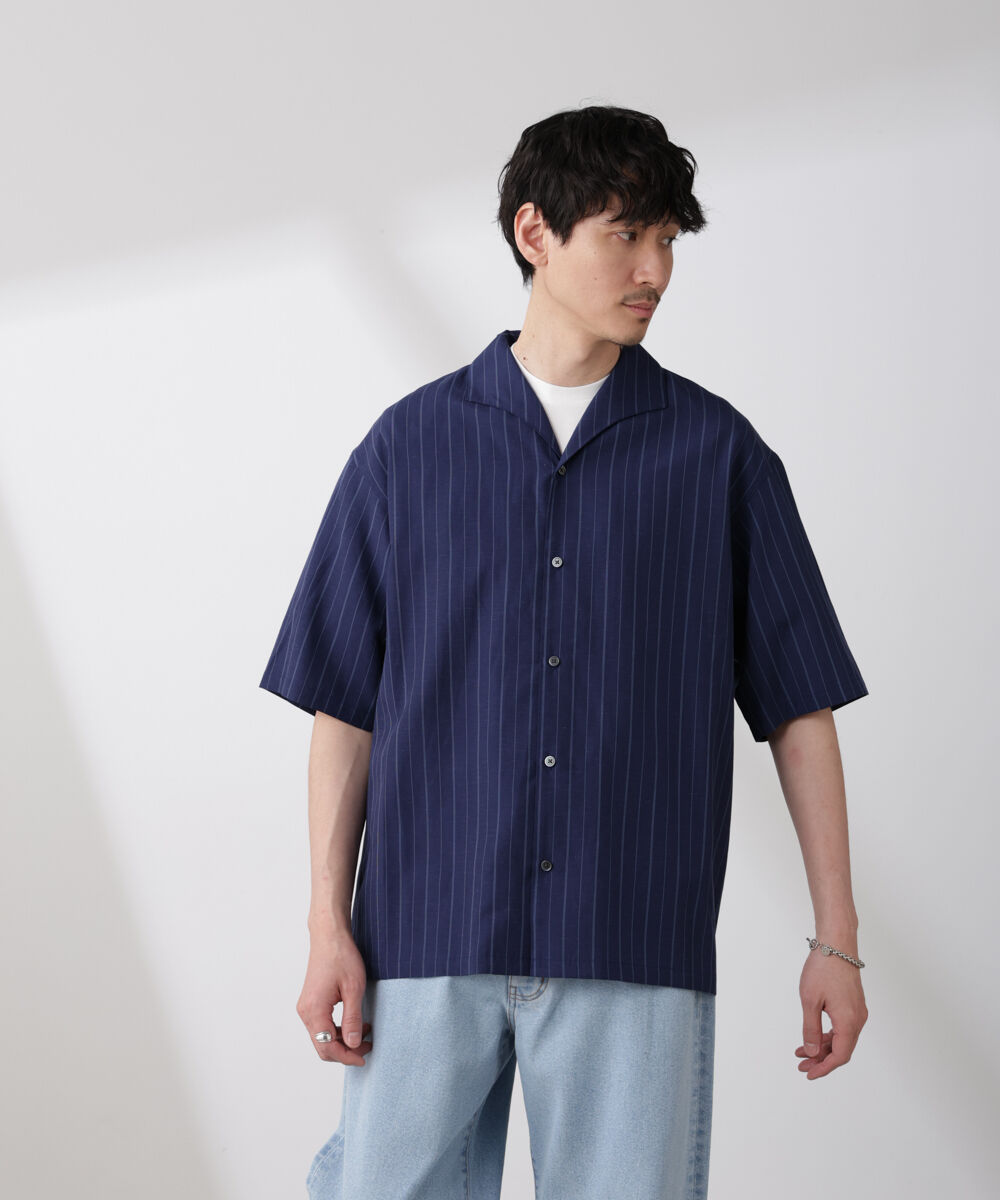 nano･universe「リネンブレンドピンストライプワイドカラーシャツ（セットアップ可)」|シャツ・ブラウス|ネイビー