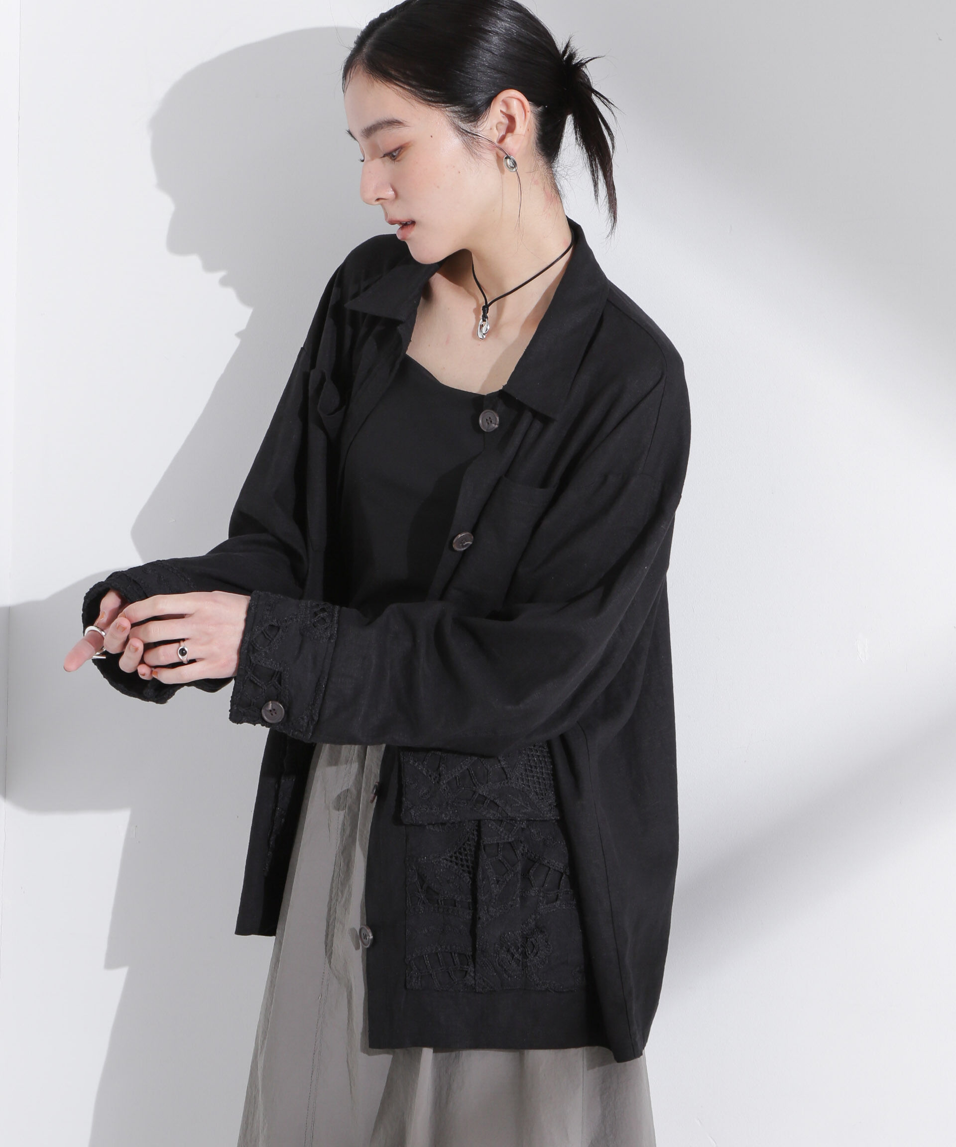 nano･universe「ポイントレースサファリジャケット」|テーラードジャケット|ブラック