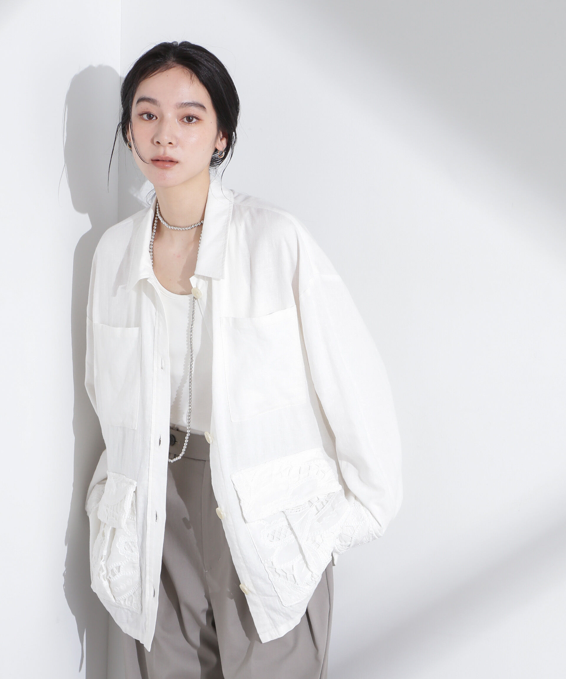 nano･universe「ポイントレースサファリジャケット」|テーラードジャケット|ホワイト