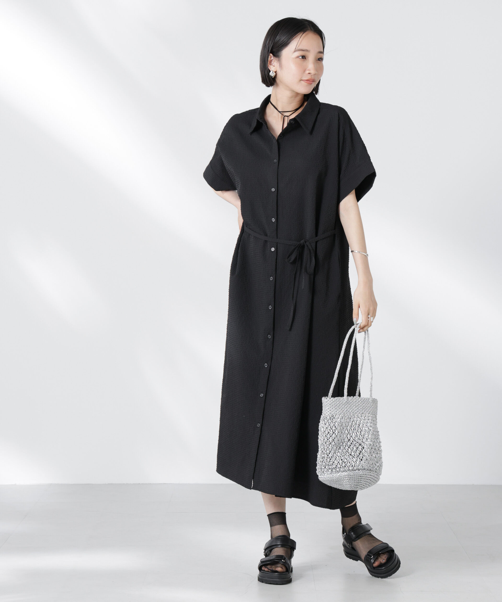 nano･universe「サッカードルマンスリーブシャツワンピース」|ワンピース|ブラック