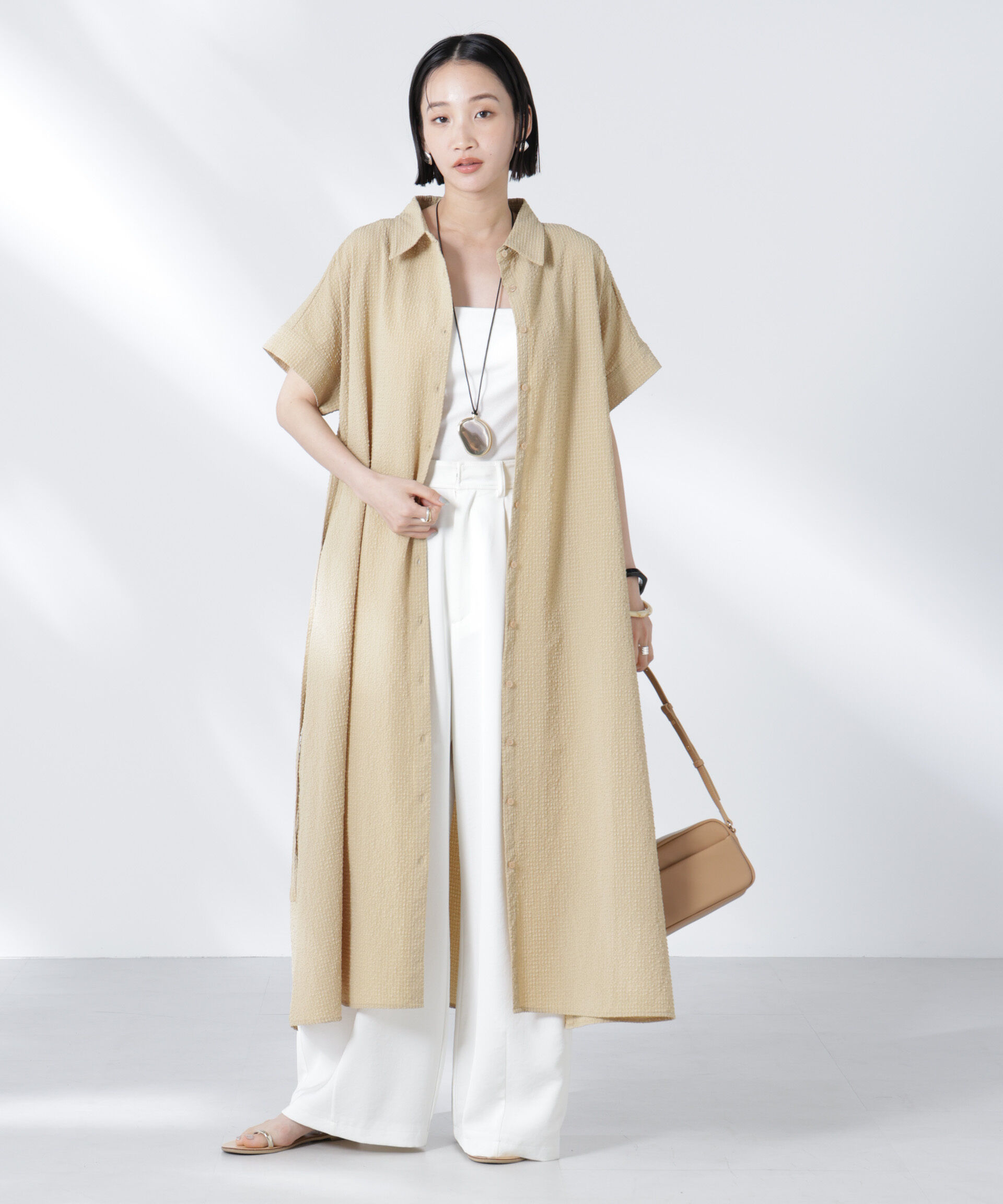 nano･universe「サッカードルマンスリーブシャツワンピース」|ワンピース|ベージュ