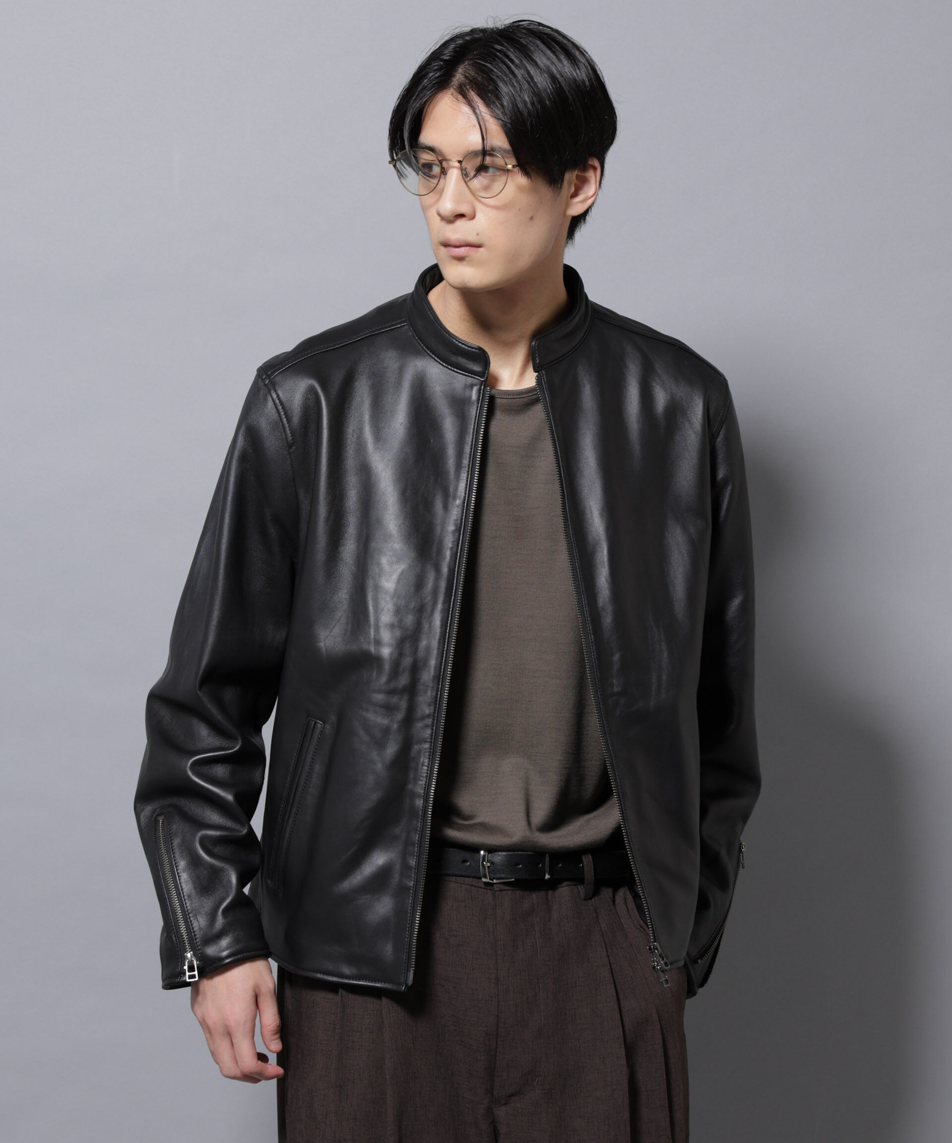 nano･universe「バンドカラーレザーシングルライダースジャケット」|ライダースジャケット|ブラック