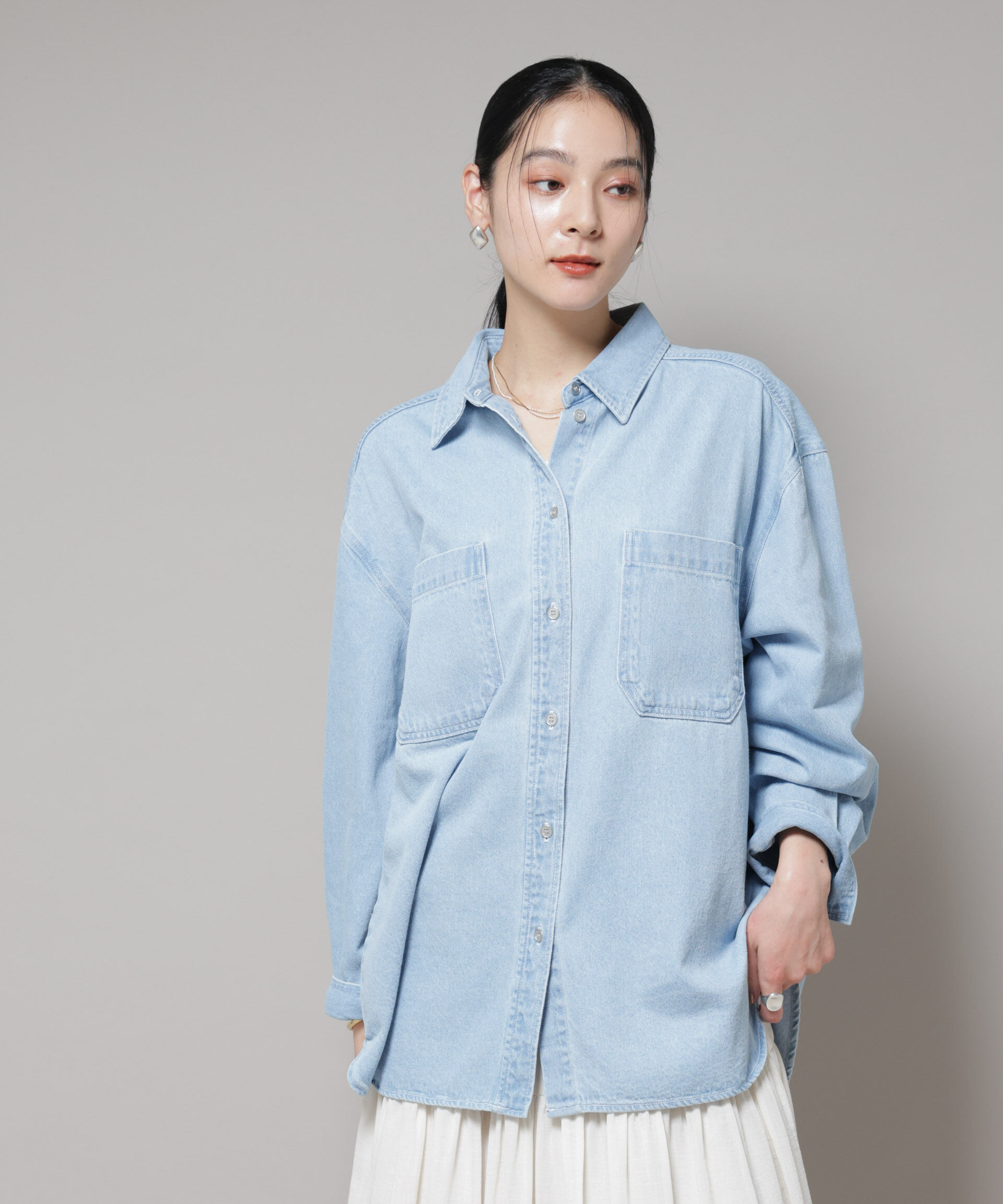 nano･universe「刺繍入りデニムワイドシャツ(セットアップ可)」|シャツ・ブラウス|