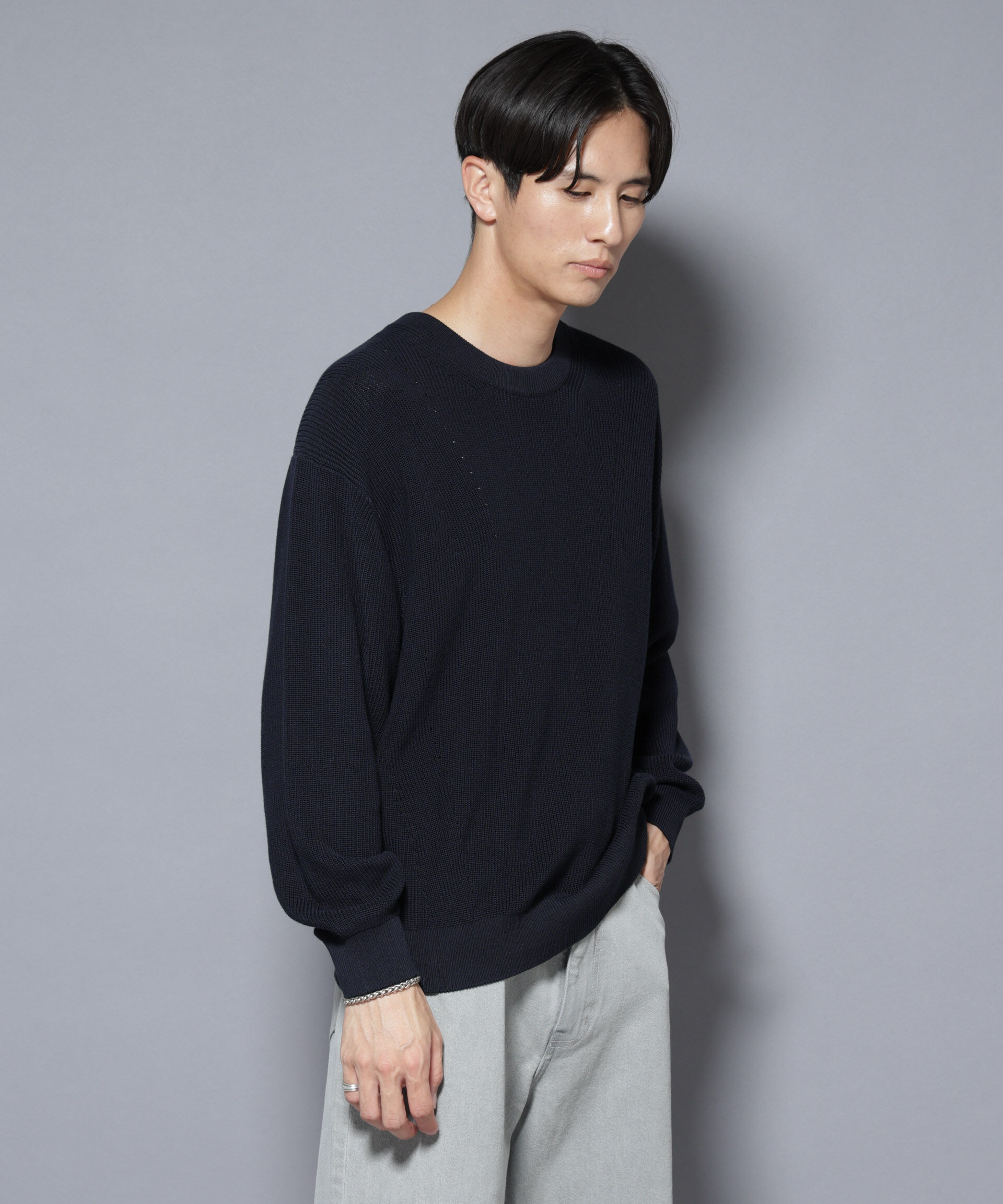 nano･universe「マーセライズコットン 畦クルーネックニット」|ニット・セーター|ネイビー