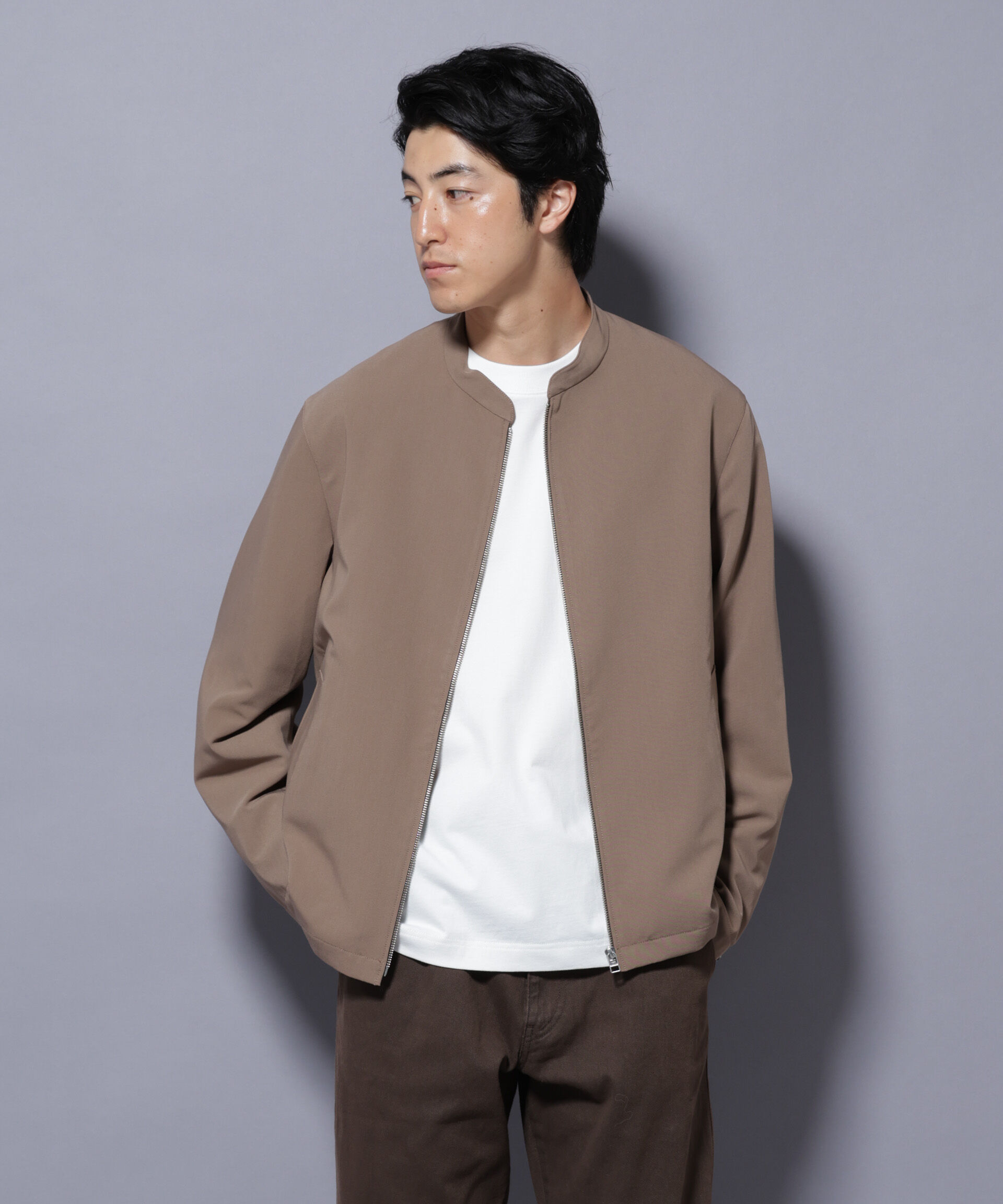 nano･universe「TR シングルライダースブルゾン」|ブルゾン・スタジャン|ベージュ