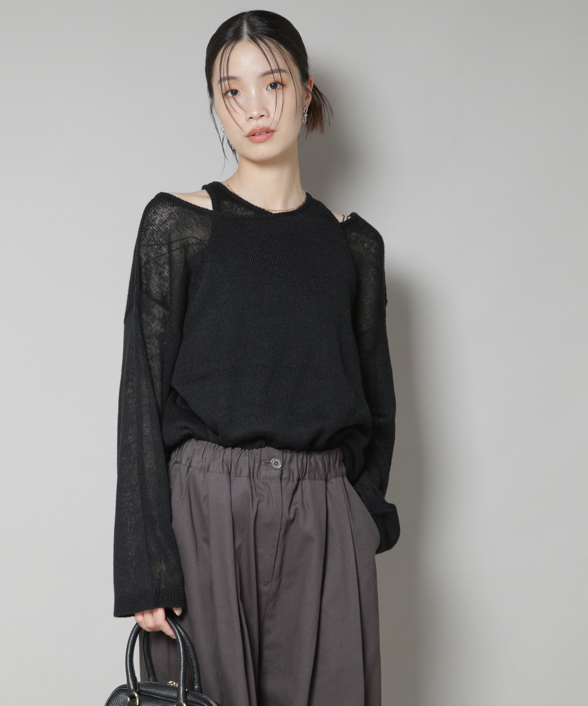 nano･universe「アメスリレイヤードデザインニット」|ニット・セーター|ブラック