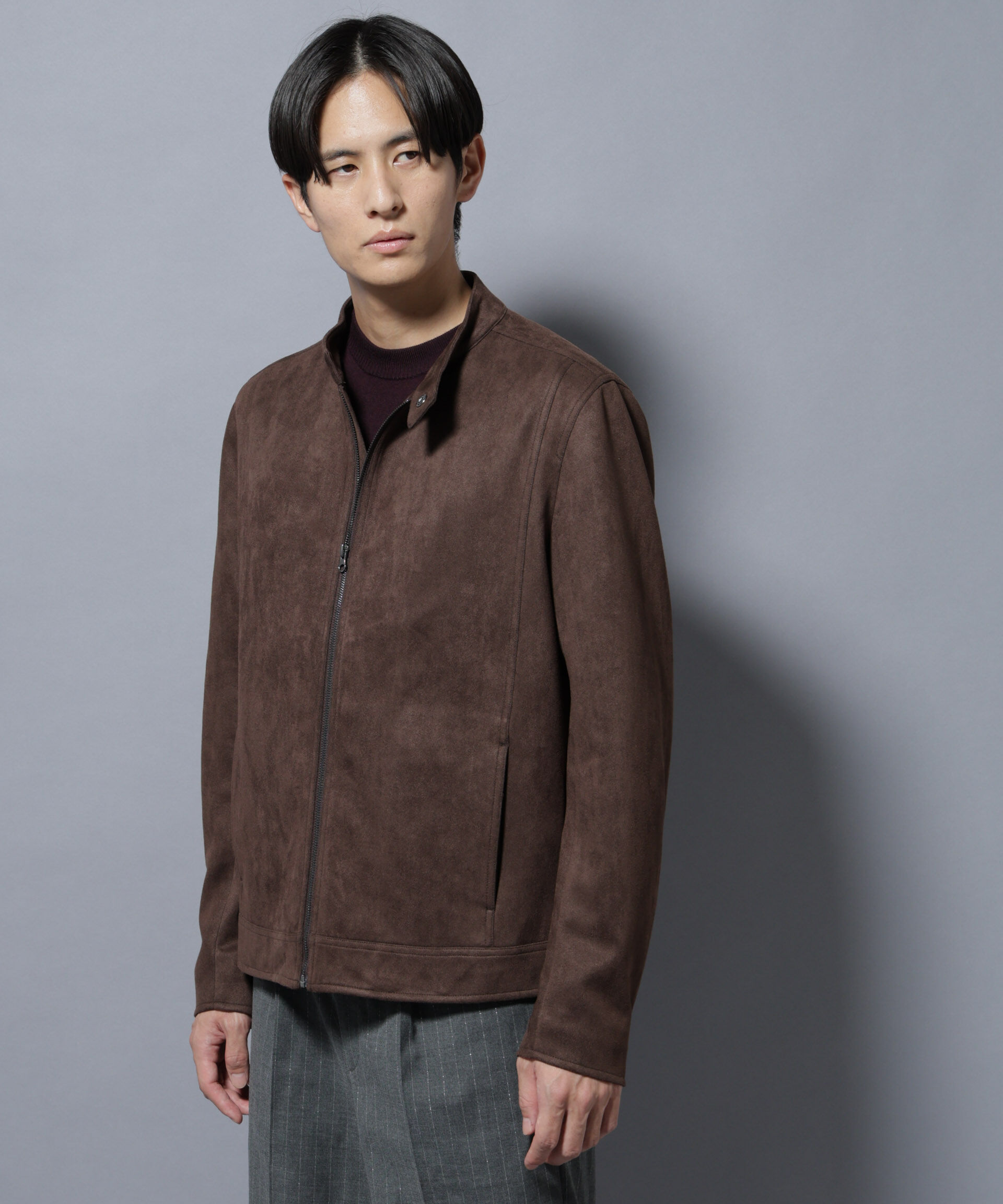 nano･universe「フェイクスエードシングルライダース」|ブルゾン・スタジャン|