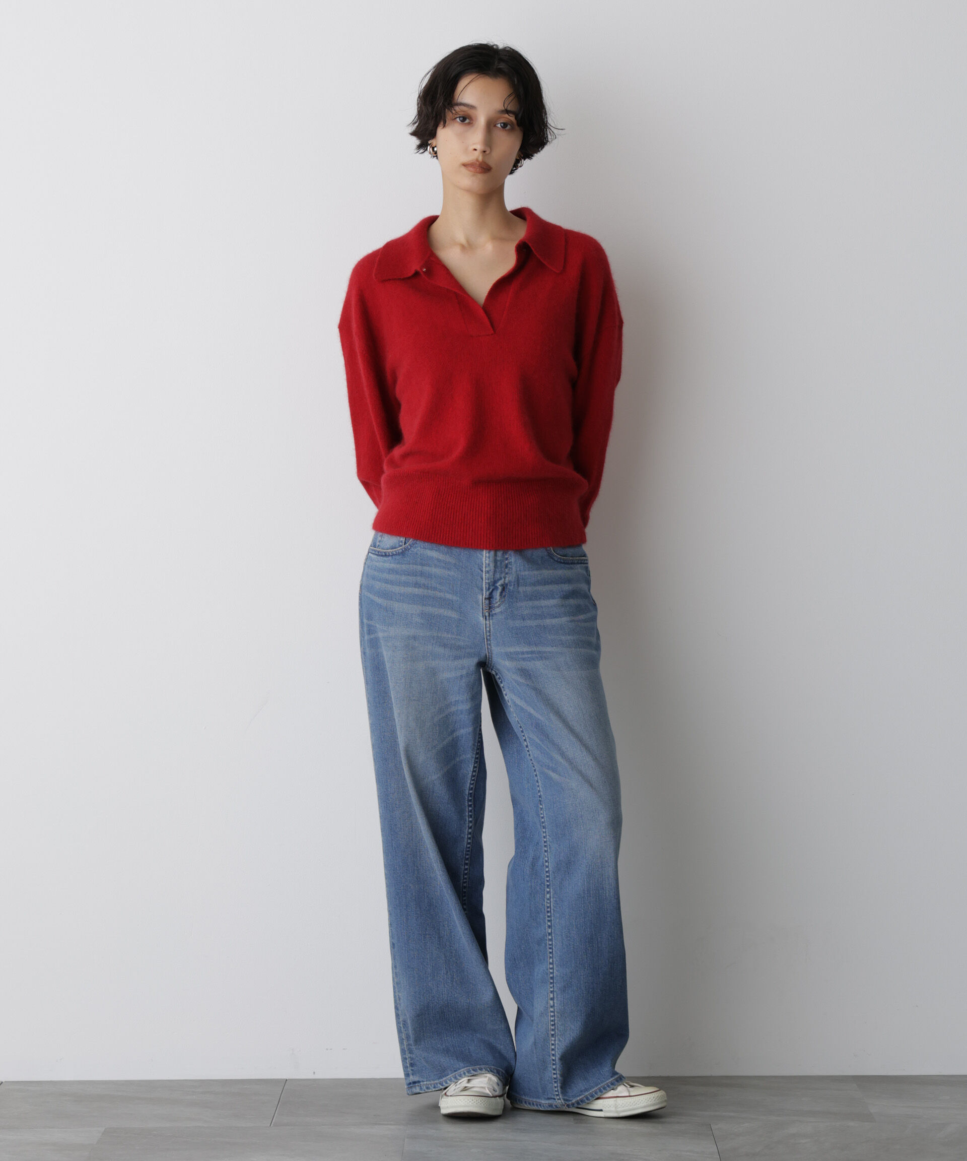  「「STEVELOUR」スキッパーポロ衿ソフトタッチニット」|ニット・セーター|