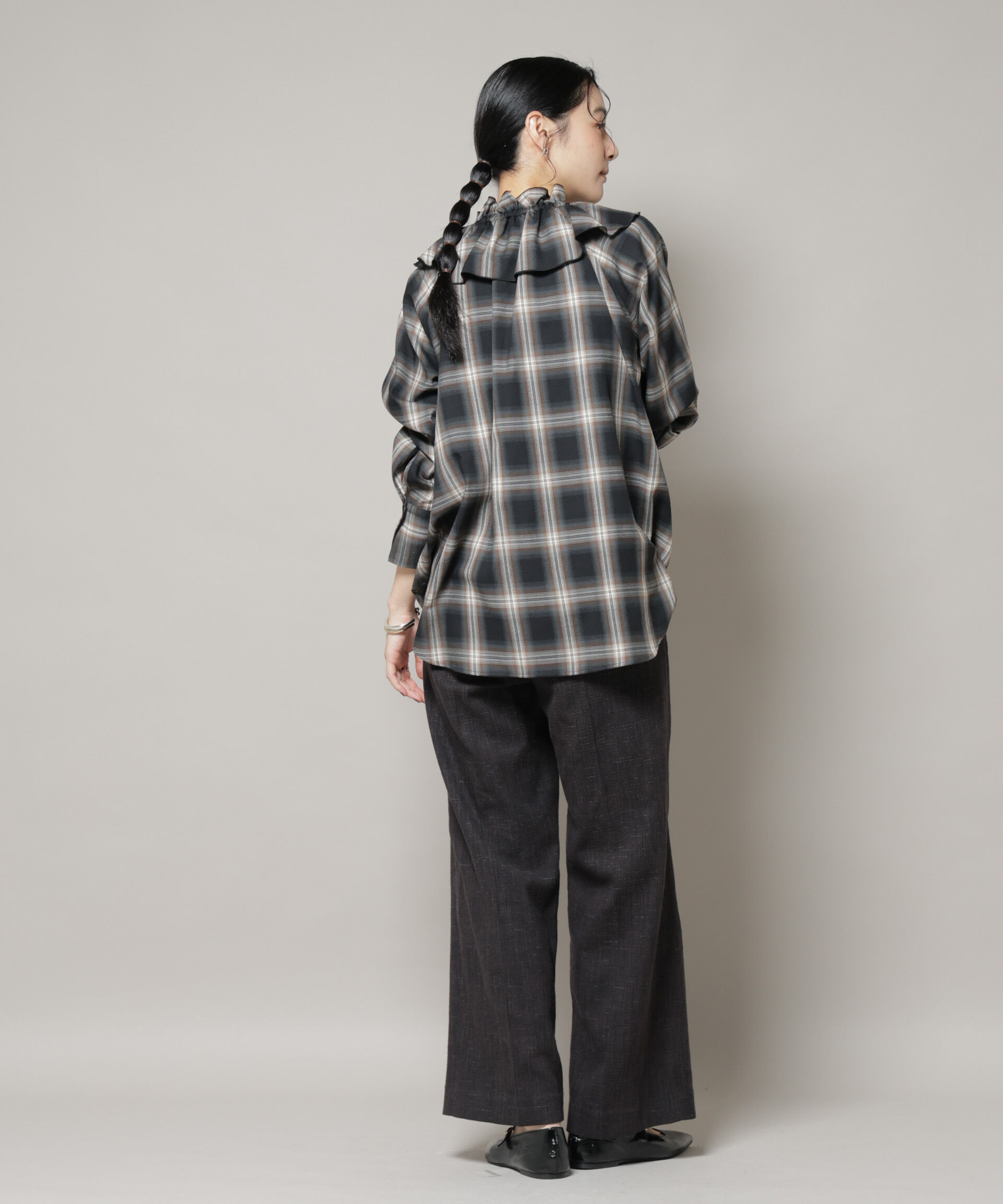 nano･universe「オンブレーチェックフリルカラーブラウス」|シャツ・ブラウス|