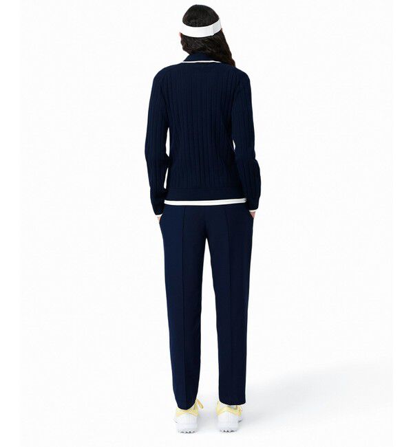 LACOSTE「UPF30+ UVカット センタークリース ストレッチテーパードスリムパンツ / ゴルフパンツ」|チノ|