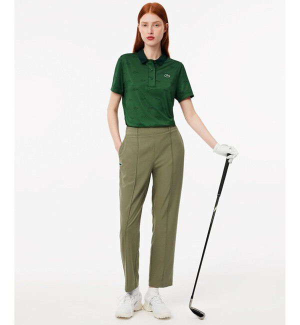 LACOSTE「UPF30+ UVカット センタークリース ストレッチテーパードスリムパンツ / ゴルフパンツ」|チノ|