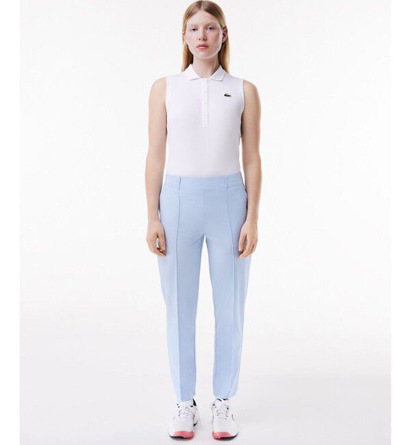 LACOSTE「UPF30+ UVカット センタークリース ストレッチテーパードスリムパンツ / ゴルフパンツ」|チノ|