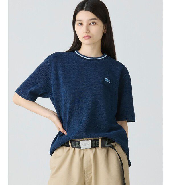 LACOSTE「配色リブニットインディゴ鹿の子 半袖Tシャツ」|Tシャツ・カットソー|