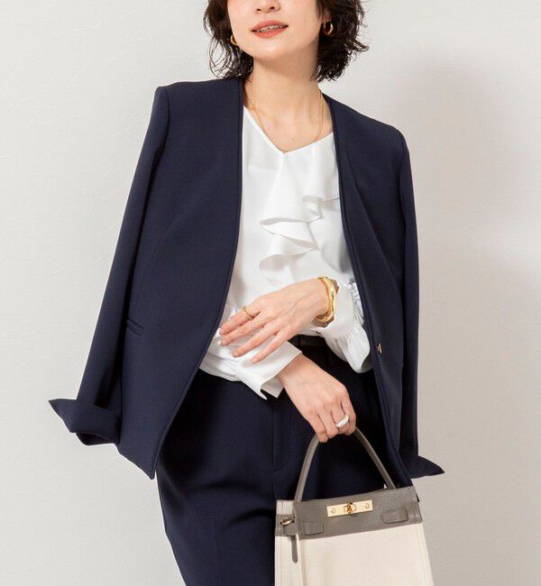 NOLLEY'S sophi「《セットアップ対応》ウォッシャブルWクロス2WAYストレッチジャケット」|ノーカラージャケット|ネイビー