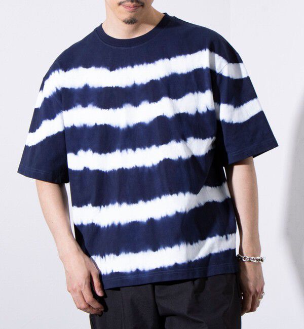 GLOSTER「【GLOSTER/グロスター】16/-綿天竺 タイダイ染め ボーダークルーネックTシャツ」|Tシャツ・カットソー|ネイビー