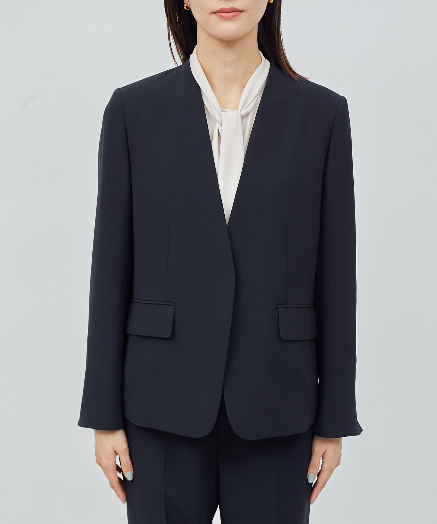 ROPE「トリアセテートダブルクロスVネックジャケット【セレモニー/通勤対応】【洗える】」|ノーカラージャケット|