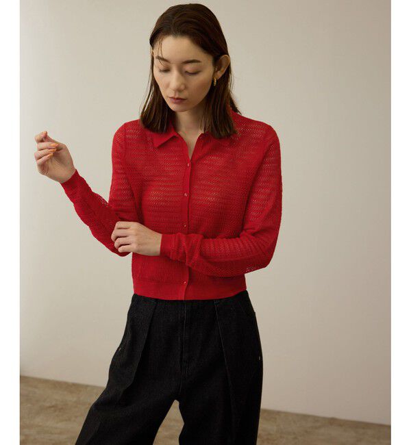 ROPE「透かし編み ニット ポロカーディガン」|カーディガン|