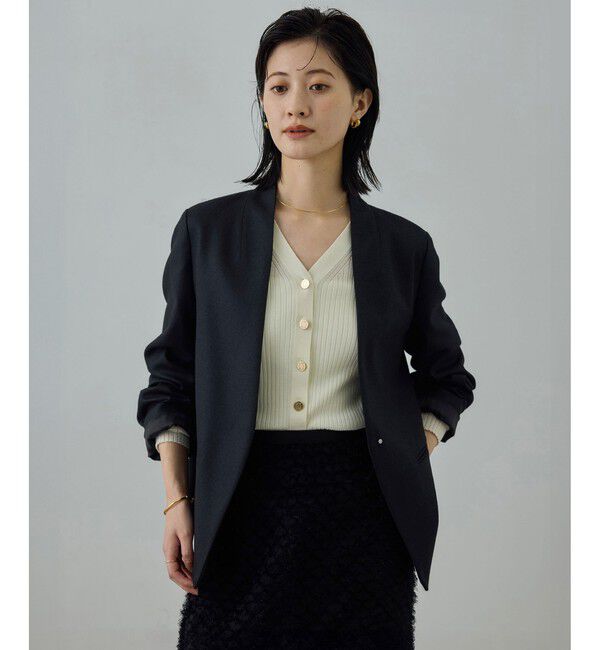 ROPE「ウールレーヨンノーカラージャケット(無地/ヘリンボーン)/セットアップ対応」|ノーカラージャケット|