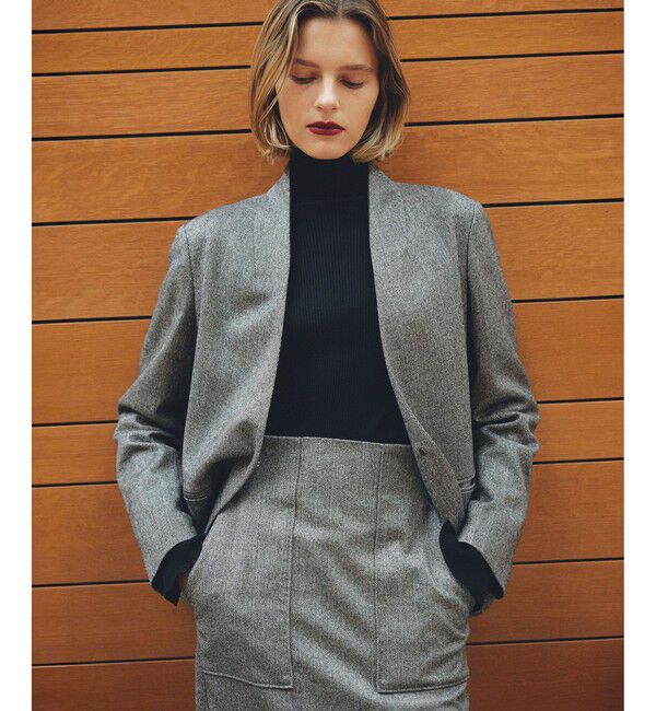 ROPE「ウールレーヨンノーカラージャケット(無地/ヘリンボーン)/セットアップ対応」|ノーカラージャケット|ブラック系(02)