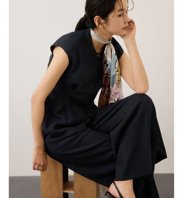 ROPE「カラミ織りタックナロースタンドブラウス/セットアップ対応・イージーケア」|シャツ・ブラウス|ネイビー(40)