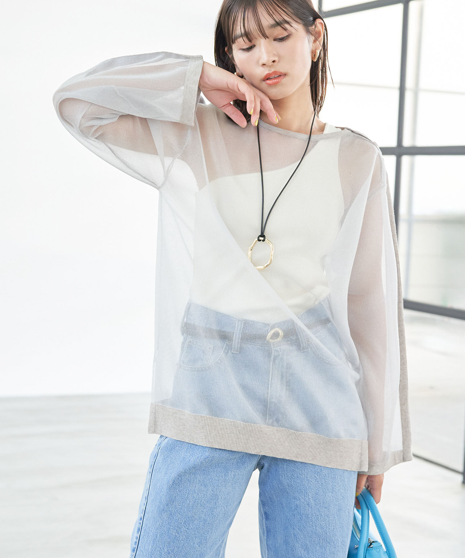 VIS「ショルダーラインシアーニットプルオーバー」|シャツ・ブラウス|ライトグレー(08)