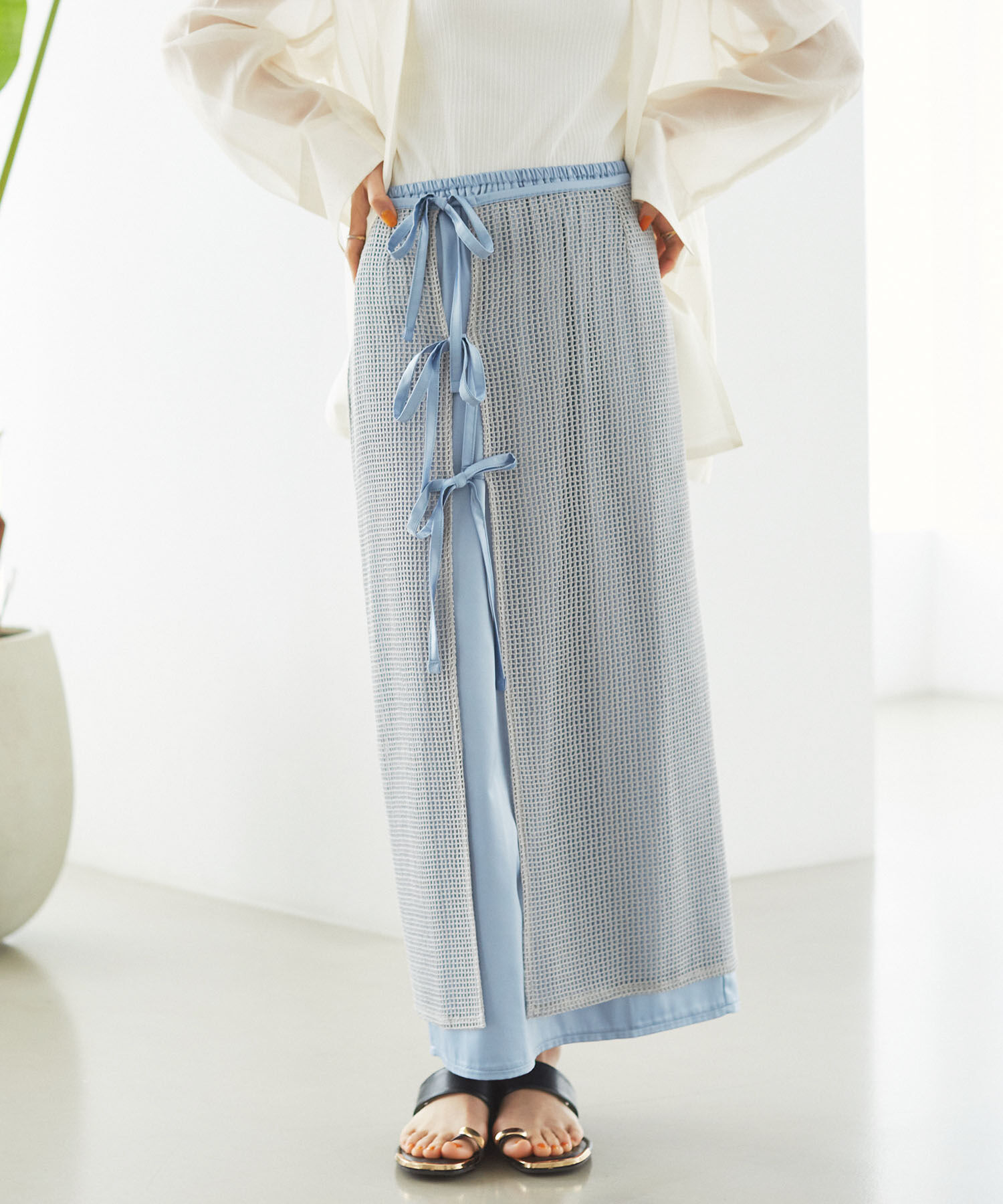 VIS「レイヤードラメメッシュIラインスカート」|スカート|ライトグレー(08)