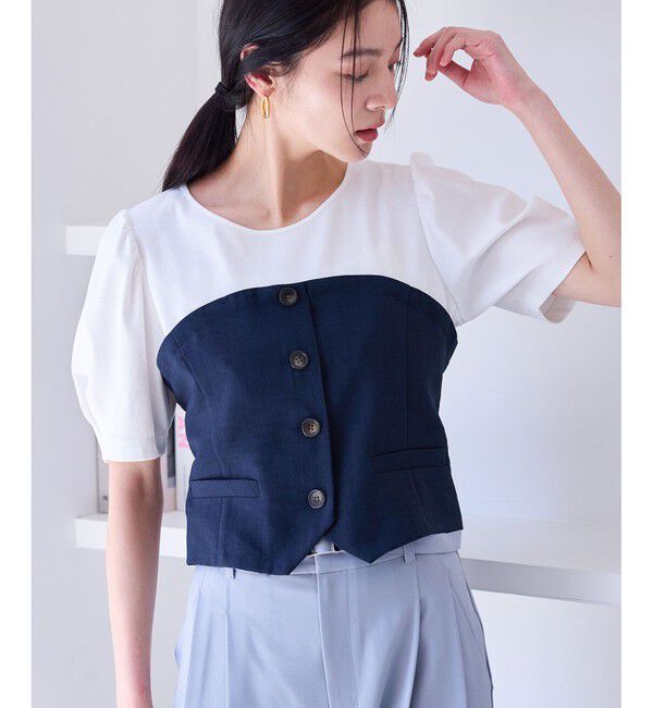 VIS「【新色追加】【美easy】釦ビスチェTシャツドッキングプルオーバー【接触冷感/洗える】」|Tシャツ・カットソー|