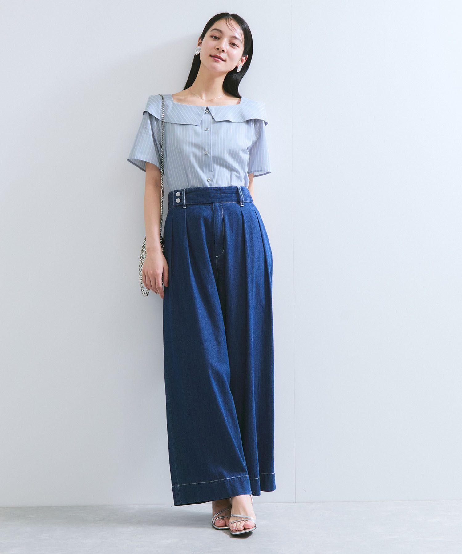 VIS「【防シワ】ラメミックスオフショルダー風ストライプシャツ」|シャツ・ブラウス|