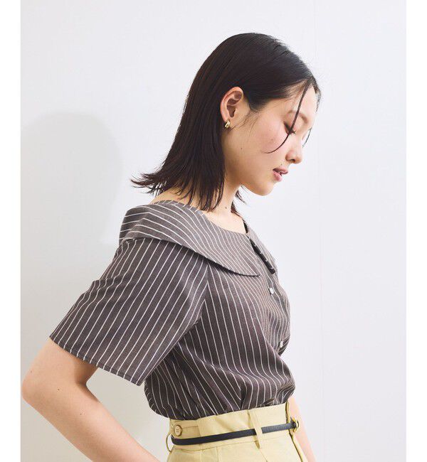 VIS「【防シワ】ラメミックスオフショルダー風ストライプシャツ」|シャツ・ブラウス|