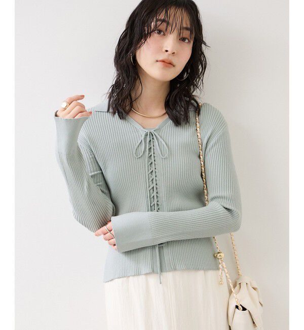 VIS「レースアップリブニット」|ニット・セーター|ライトグリン(33)