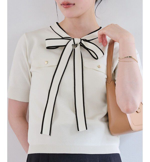 VIS「リボン付き半袖ニットプルオーバー/イージーケア」|ニット・セーター|