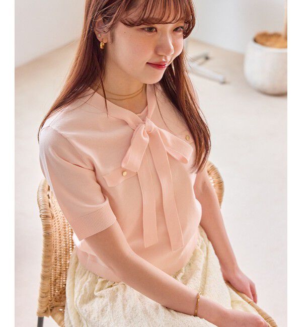 VIS「リボン付き半袖ニットプルオーバー/イージーケア」|ニット・セーター|