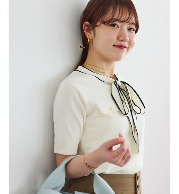 VIS「リボン付き半袖ニットプルオーバー/イージーケア」|ニット・セーター|