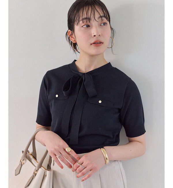 VIS「リボン付き半袖ニットプルオーバー/イージーケア」|ニット・セーター|