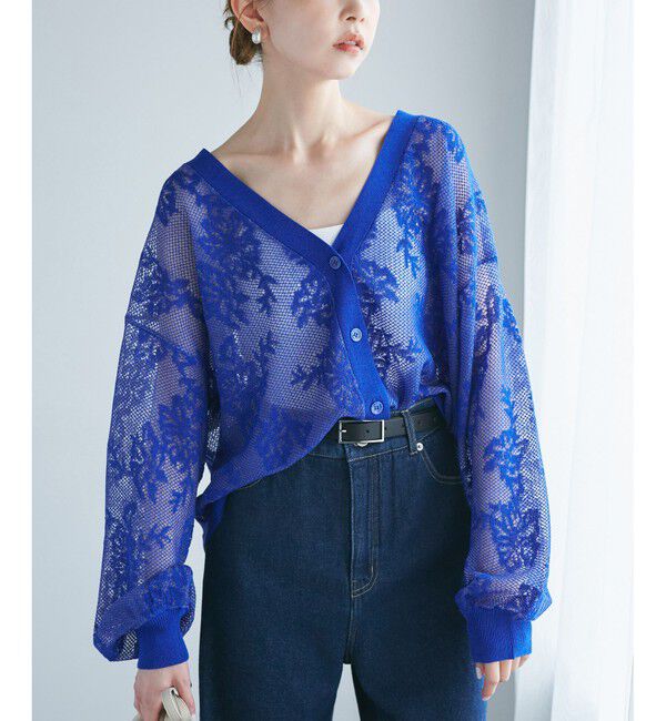 Rope&rsquo;Picnic「透かし編み花柄Vネックカーディガン」|カーディガン|