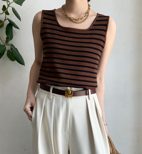  「ボーダースクエアニットタンク」|ニット・セーター|ブラウン