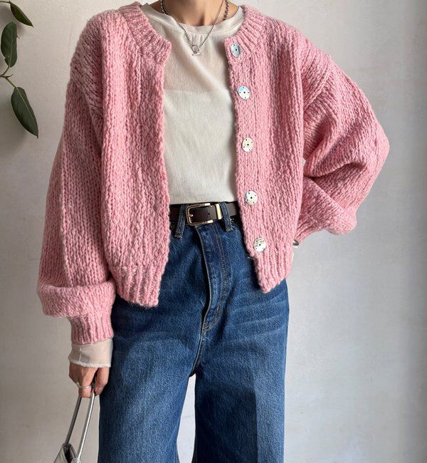  「ローゲージニットカーディガン」|カーディガン|ピンク