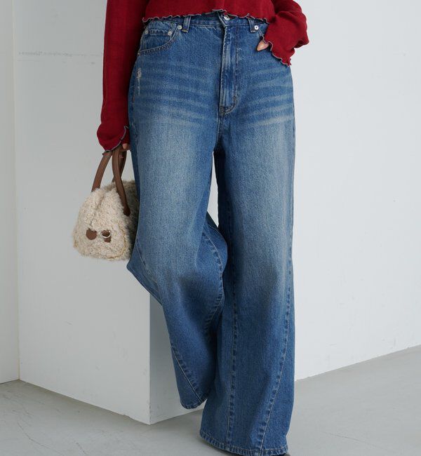  「【2サイズ展開/低身長サイズ/ウエスト調節可】カーブステッチデニム」|デニム|