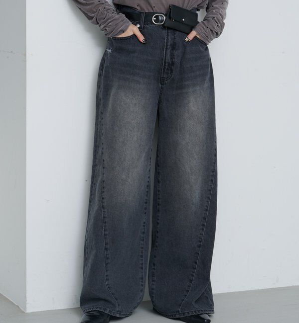  「【2サイズ展開/低身長サイズ/ウエスト調節可】カーブステッチデニム」|デニム|ブラック