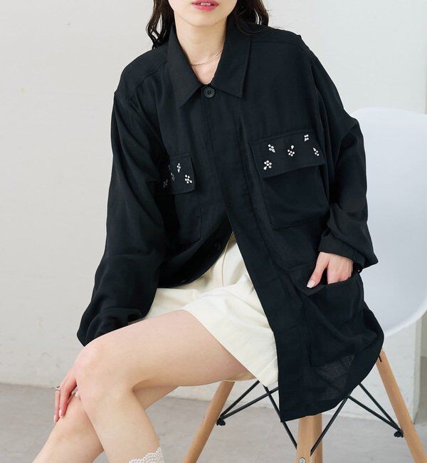  「ポケットビジューカバーオール」|ブルゾン・スタジャン|ブラック