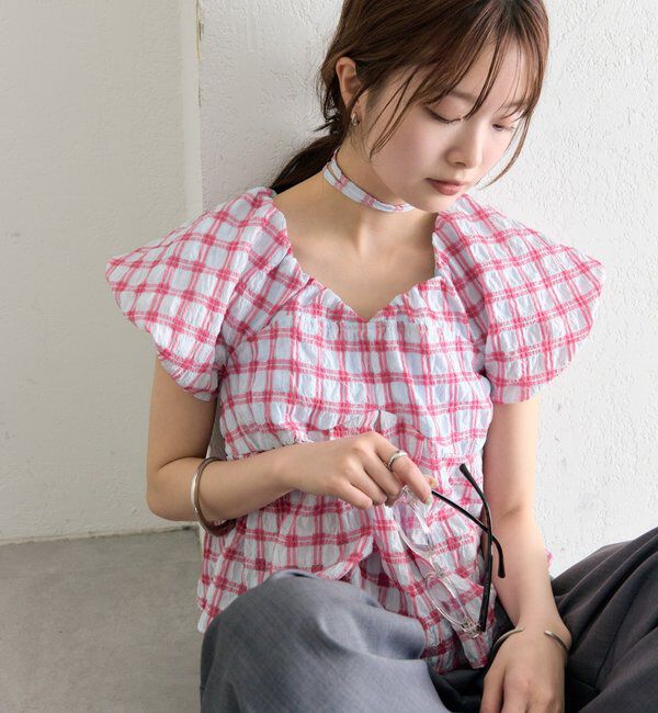  「チェックパフブラウス」|シャツ・ブラウス|レッド